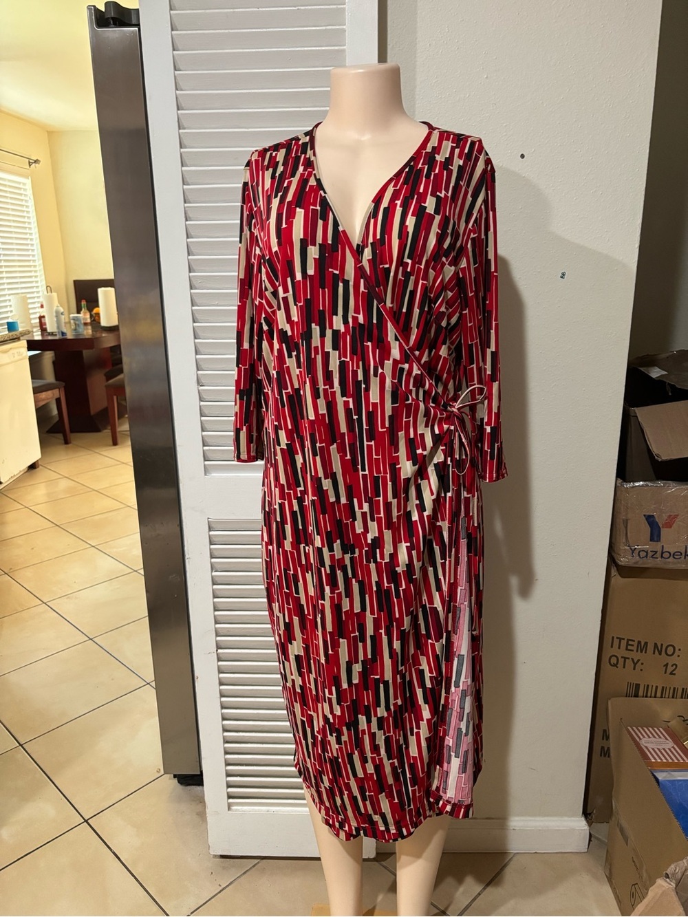 Lane Bryant Red, Black & Cream Geometric Wrap Midi Dress